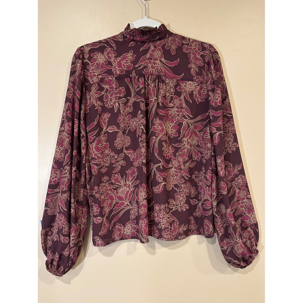 Evereve Womens Floral Tie Neck Ruffle Blouse Burgundy Large Boho Feminine - Picture 5 of 8